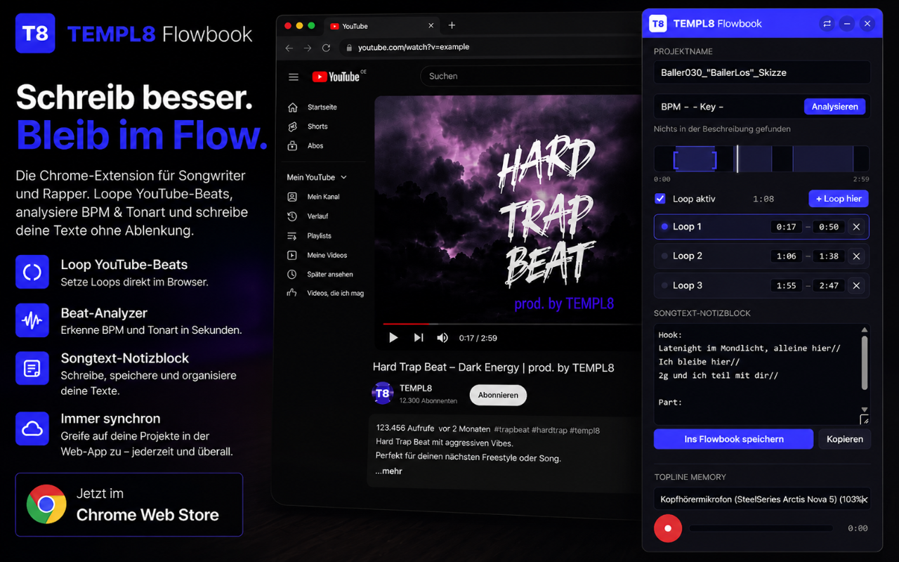 Flowbook Chrome Extension auf YouTube: Beat-Player mit Loop A/B Markern, BPM- und Tonart-Anzeige und Songtext-Sidebar.