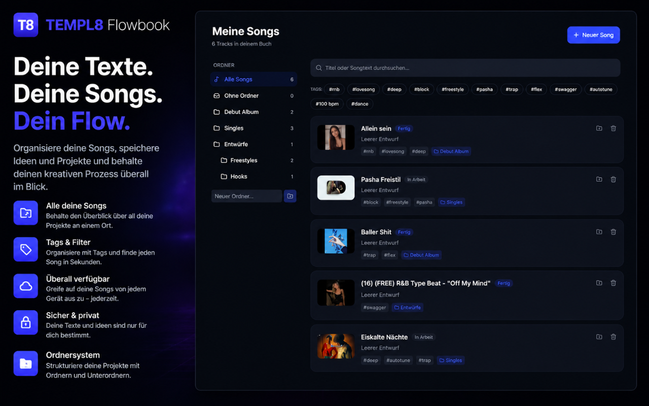 Flowbook Web App: Songbibliothek mit Ordnern für Drafts, Singles und Freestyles sowie Genre-Tags.